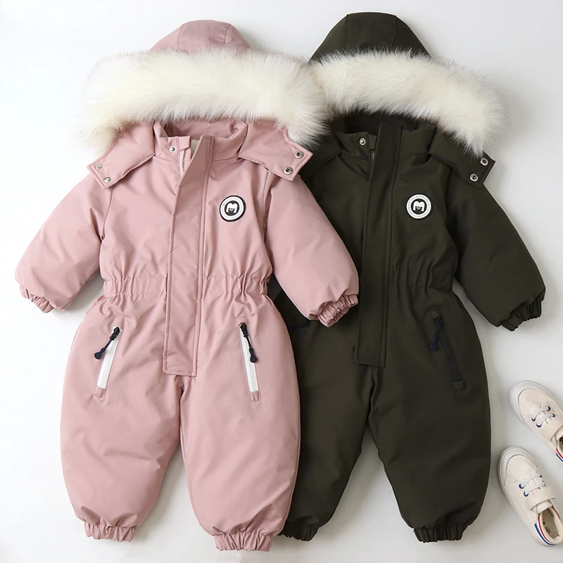 -30 Degree Kids Winter Overalls Clothes Plus Velvet Infant Clothing Set Waterproof Baby Bodysuit Ski Suit Warm Jacket for Boy