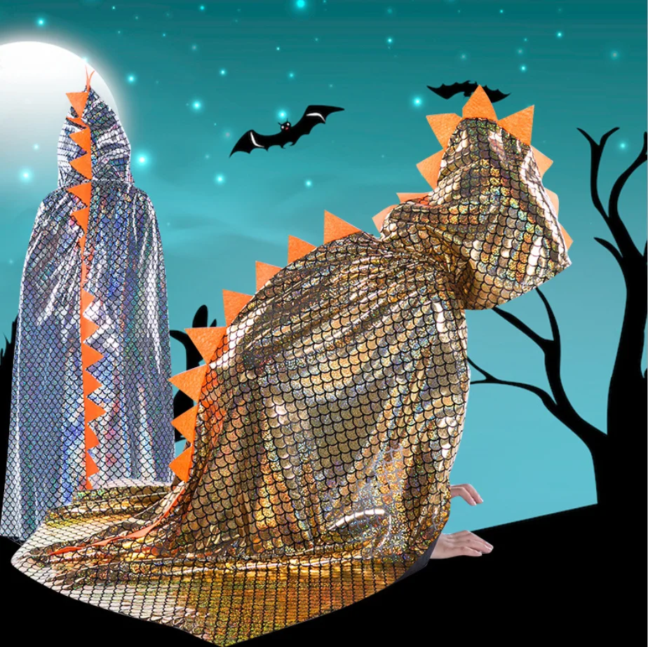Sequined Dinosaur Cape Halloween Cosplay Costume Hooded Cloak for Kids Boys Festival Party Carnival Children\'s Cloak with Hood