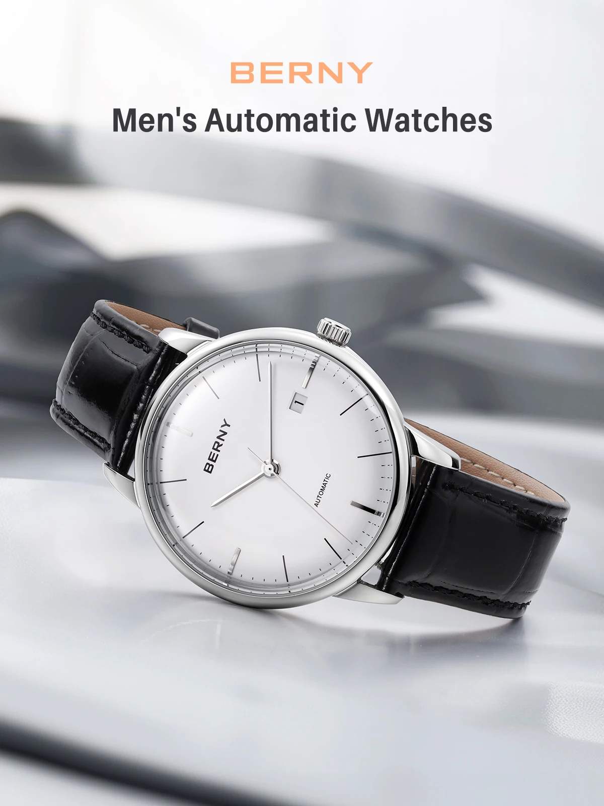 BERNY Automatikuhren für Herren, mechanisch, schlank, luxuriös, Herrenuhr, MIYOTA 9015, 28800 V/H, Datum, minimalistische Armbanduhr, 5 ATM – Detail 1