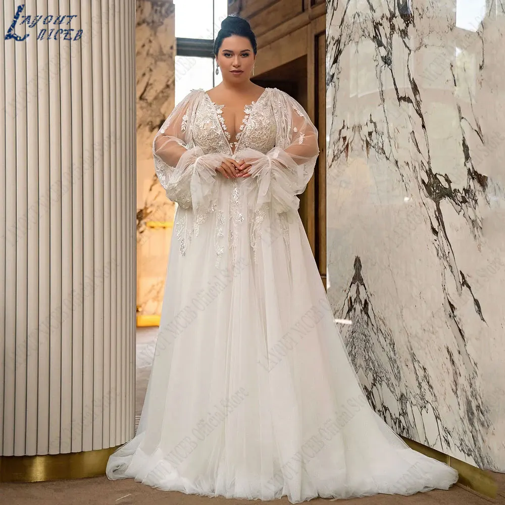 

LAYOUT NICEB Plus Size Appliques Wedding Dress Lace V-Neck Tulle Bride Gowns Backless A-Line Full Puff Sleeves Vestidos De Noiva