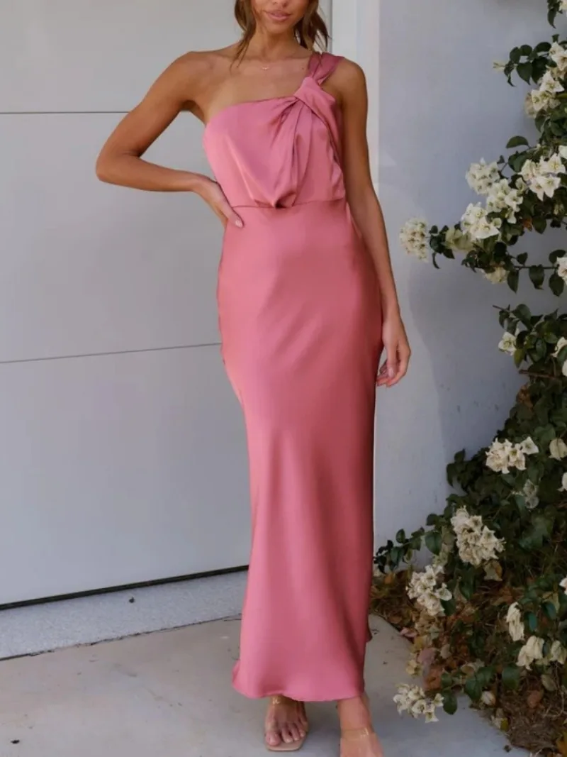 

Women's Off Shoulder Strapless Satin Dress Elegant Gown Fold Party Long A-line Bridesmaid Elegant dress Lady New Fashion Summer