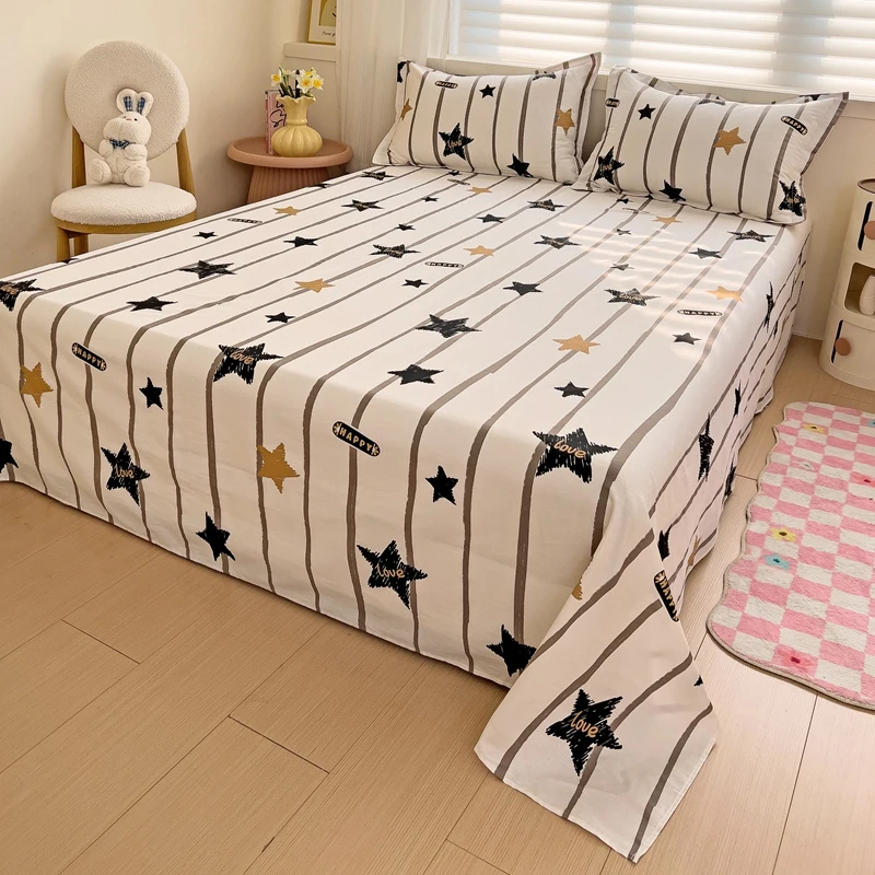 Cute Cartoon Star Flat Sheet Full Queen Size Geometric Stripes Pattern Bed Sheet Set Soft Cotton Bed Cover with 2 Pillow Cases 1