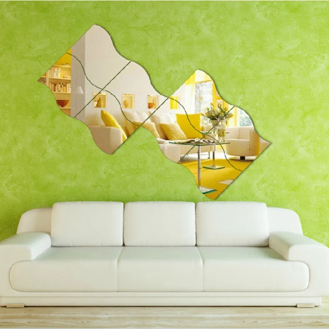 Mirror Tiles Wall Stickers Self Adhesive Acrylic Mirror Wall Stickers Wave Shapes Bedroom Bathroom Arts Decals Home Decor 6PCS Wall Stickers