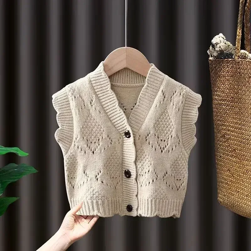 여아용 니트 가디건, 용수철 가을 옷, 할로우 아웃 스웨터, 베이지 버건디 면 조끼, 2024 신상
