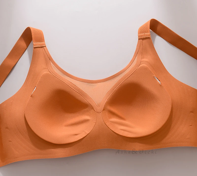 Plus Size Jelly Gum Full Cover Semi Fixed Large Cup Lace Underwear Anti Glare Mesh Woman Bra Comfortable Gathering