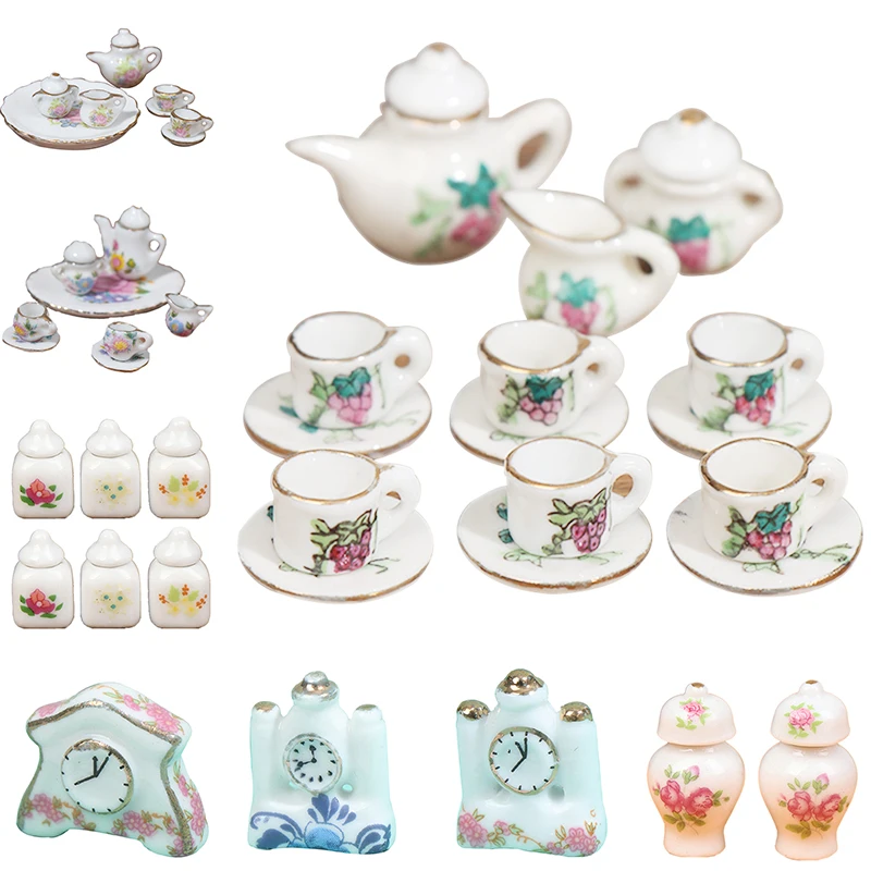 Acheter Service à thé en porcelaine, vaisselle Miniature pour maison de poupée, 15 pièces, vaisselle, tasse, assiette