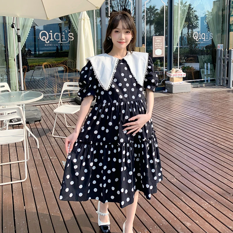 

Loose Maternity Summer New Fashion Chiffon Dress Black White Polka Dot Pregnant Woman Clothes Plus Size Pregnancy A-Line Dress