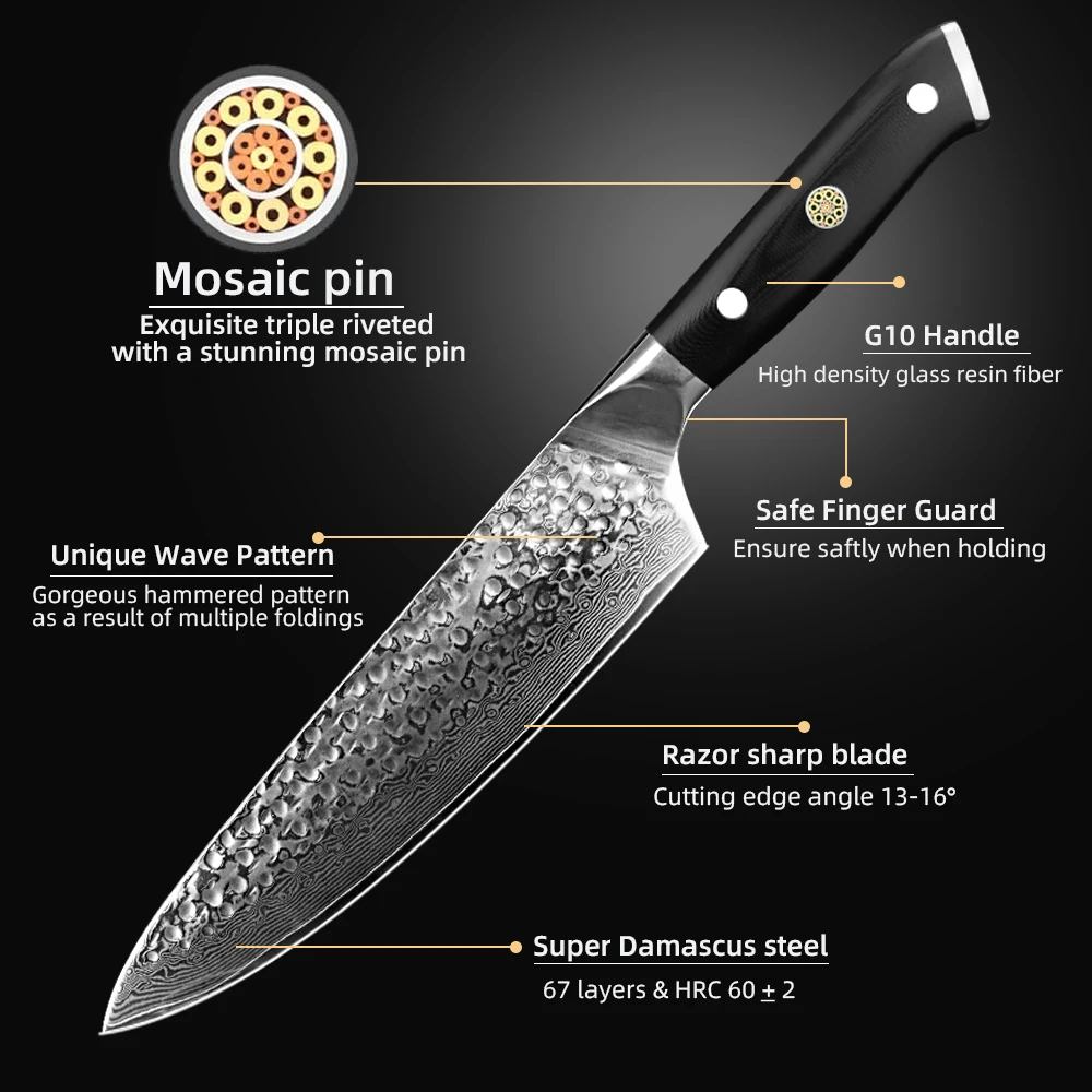 Santoku Utility Knife Set Hammered Damascus Steel Full Tang Wood Handle Chef  Cut