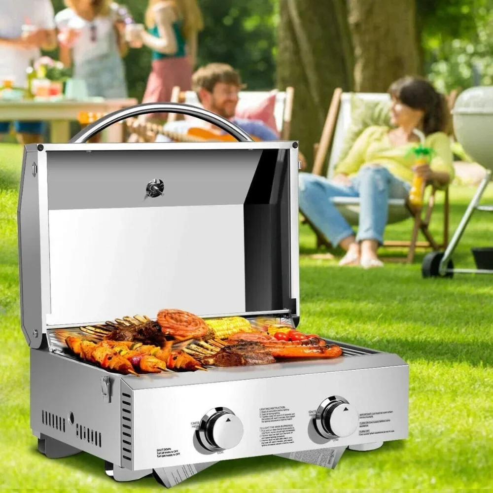 

Stainless Steel Propane TableTop Gas Grill Two-Burner BBQ, 20000 BTU, Perfect For Camping, Picnics or any Outdoor Use