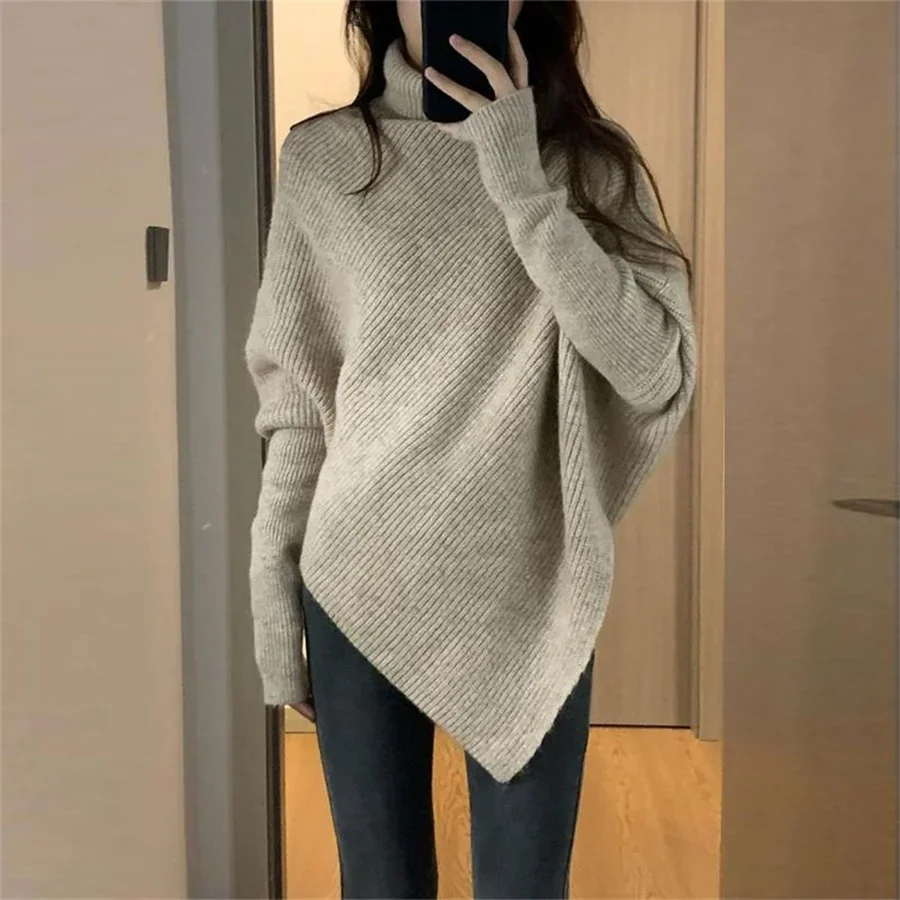 

Korean Soft Sweaters Turtleneck Irregular 2024 New Autumn Winter Thick Loose Knitted Pullovers Lazy Solid Casual Women Jumpers