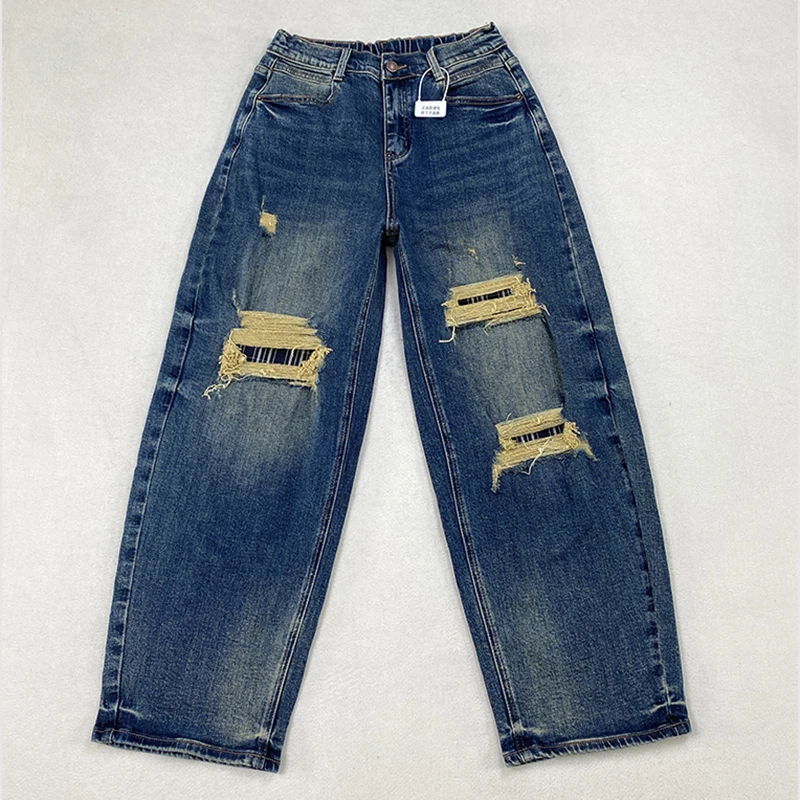 XXXXXL Fashion Plus Size Women's Jeans New Autumn Premium Stretched Denim Design Hole Patch Wide Leg Full Length Trousers 8393