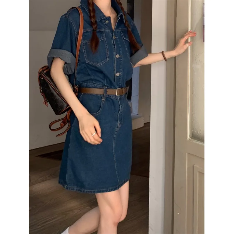 

Summer Blue Denim Dress Women Turn-down Collar Short Sleeve Pullover Dresses Korean Casual Fashion Button Pocket Skirt
