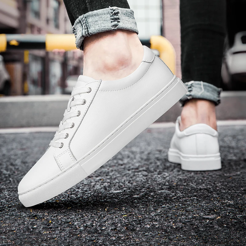 Handmade Black Leather Casual Sneakers - Mens Autumn Flats