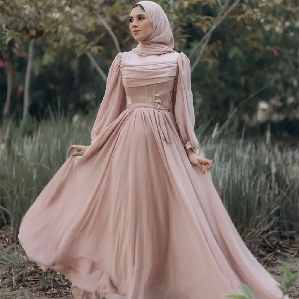 

Modest Silk Chiffon Muslim Arabic Women Evening Dresses High Neck Puff Long Sleeves Women Formal Prom Gowns OccasionCL-532