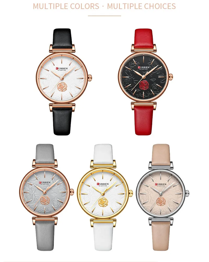 CURREN Women Watch Top Brand Luxury Female Waterproof Clock Red Genuine Leather Bracelet Fashion Flower Ladies Wristwatch 9078 6