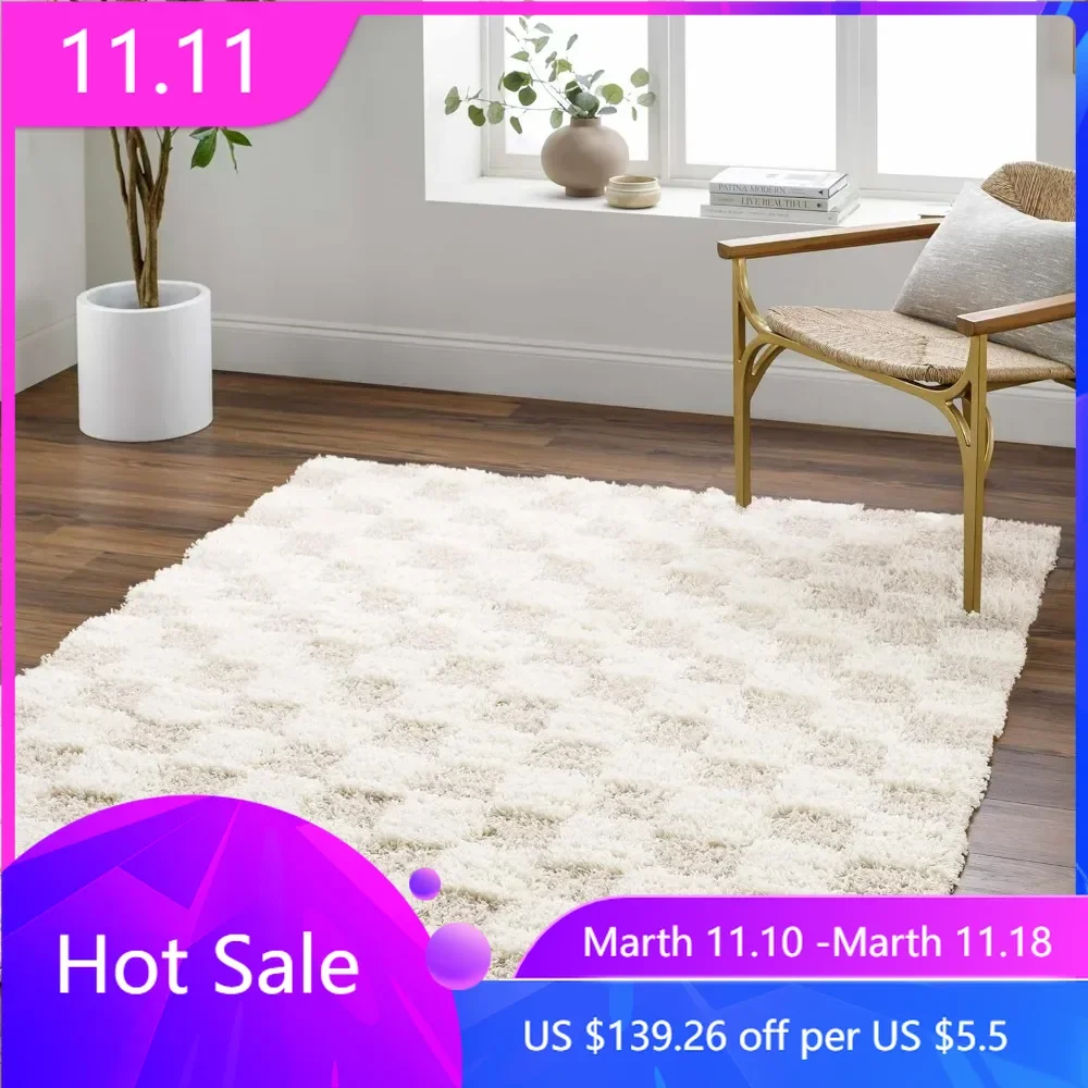 Atira Contemporary Checkered Fluffy Shag Area Rug-Modern Geometric Carpet Tiles for Living Room, Kids Room, Nursery