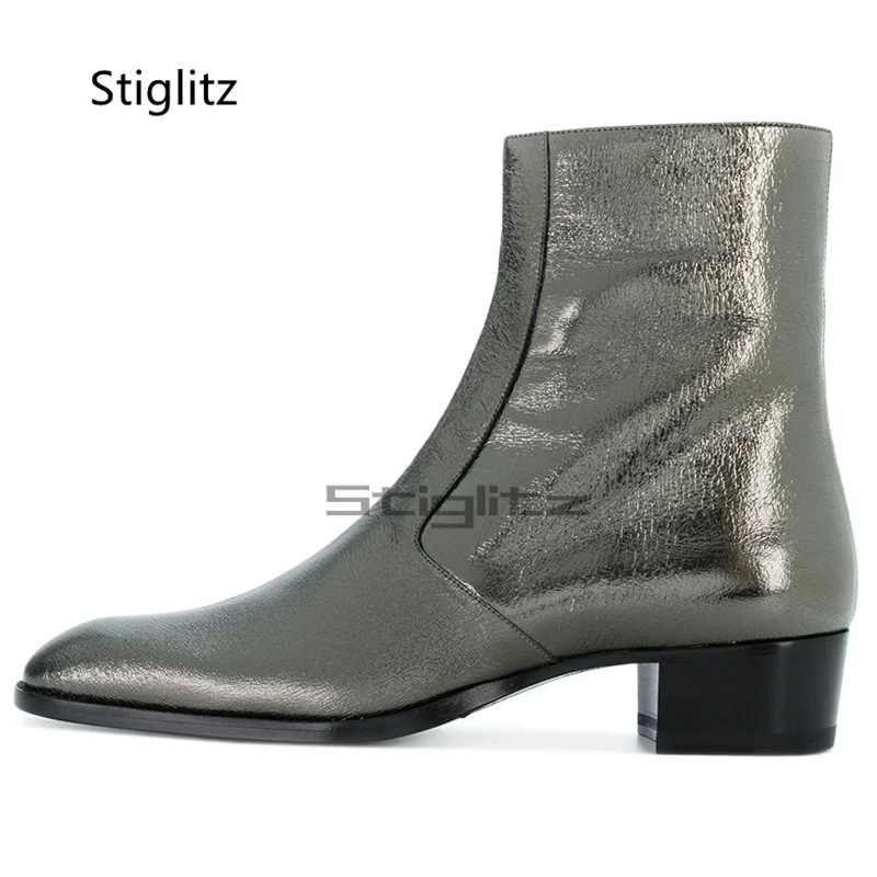 

Genuine Leather Men's Chelsea Boots Pointed Toe Side Zipper Chunky Heeled Ankle Boots Dress Party Male Shoes Wear-Resistant