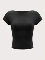 Women's O-neck Backless T-shirt Short Sleeve Solid Color Crop Top Summer Cute Baby Tee Y2K Clothes Bodycon Tunics Fashion Tank - Image 5