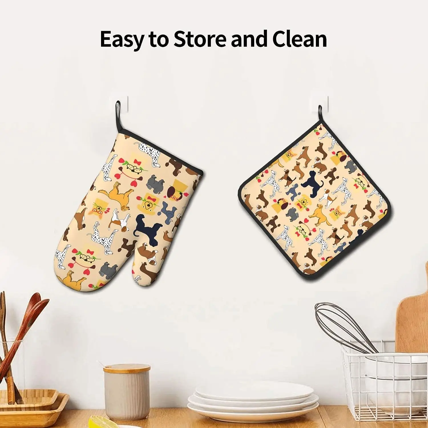 Dog with Flower Oven Mitts Pot Holders Set Heat Resistant Waterproof Gloves for Kitchen Cooking Baking BBQ