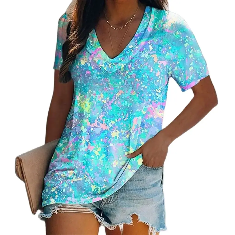 

Women's Luxury T Shirts 3D Print Short Sleeve V-neck Tops Tees Summer Casual Gradient T-shirt Ladies Oversized Women's Clothing
