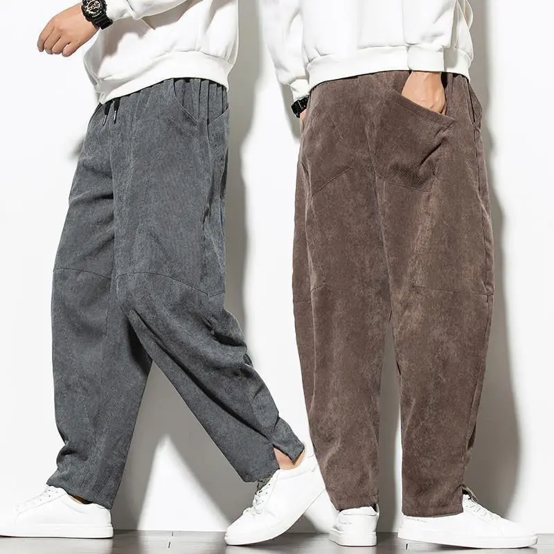 Wide Leg Pants Spring Autumn Solid Color Vintage Corduroy Wide Leg Trousers Man Elastic Waist Pockets Casual All-match Pants Male Clothing