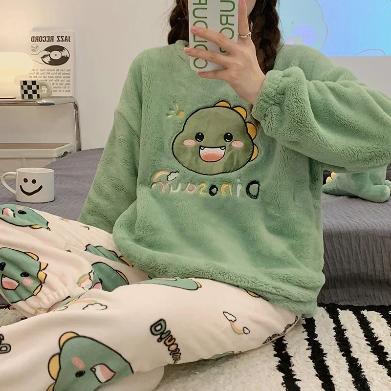 Women Pajamas Set Winter Flannel Sleepwear 2 Pieces Set Round Neck Long Sleeve Dinosaur Printing Women pajama suit