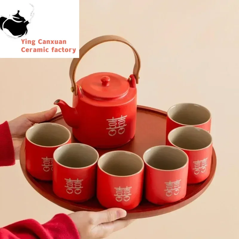 

Chinese Red Ceramic Tea Set Round Wooden Tray Handmade Teapot Kettle Teacup Household Wedding Teaware Sets Holiday New Year Gift