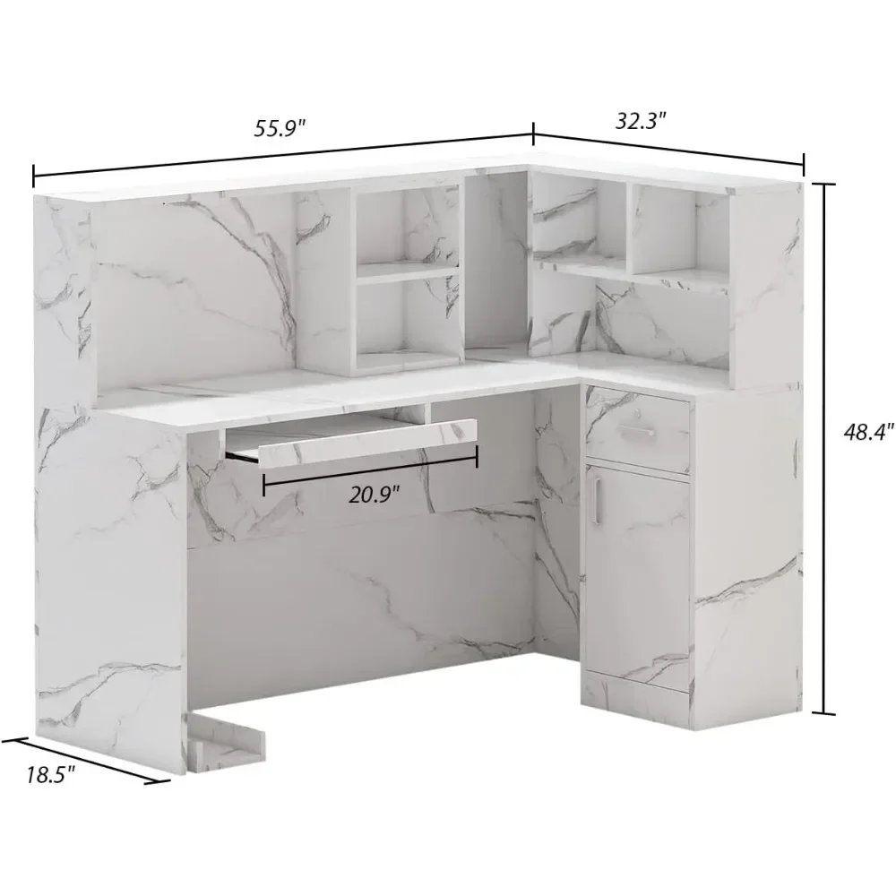 Modern Reception Desk Counter Table, L-Shap Reception Room Front Desk with Lockable Drawer & Open Shelves, Retail Counter 2