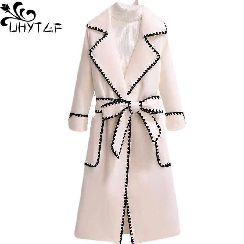 

UHYTGF Korean Autumn Winter Wool Jacket Women Mid-Length Casual Big Size Coat Female Lapel With Belt Elegant Ladie Overcoat 2428