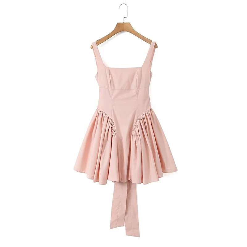 Women Sweet Tie Bow Sashes Sexy Backless Dress Waist Spliced Pleated Swing Party Mini Robe