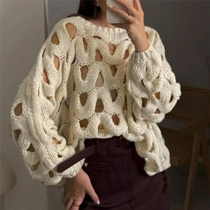 Sexy Hollow Out Long Sleeved Knitted Sweater Summer Beach O-neck Crochet Pullover Casual Solid Color Women's Loose Top Blouses 6