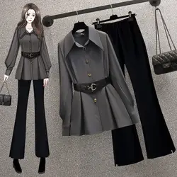 Women Graceful Shirt with Waist Belt Spring Autumn 2023 Office Lady Casual Blouse High Waist Flare Pants Two Pieces Set Trousers