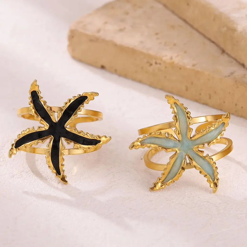 Black Enamel Starfish Rings / Stainless Steel Starfish Adjustable Ring
