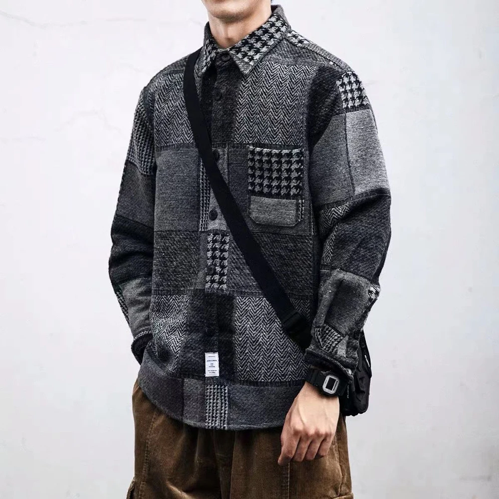

2023 New Autumn Winter Contrasting Coats For Mens Japanese Handsome Trendy Loose Woolen Versatile Autumn Casual Plaid Shirts
