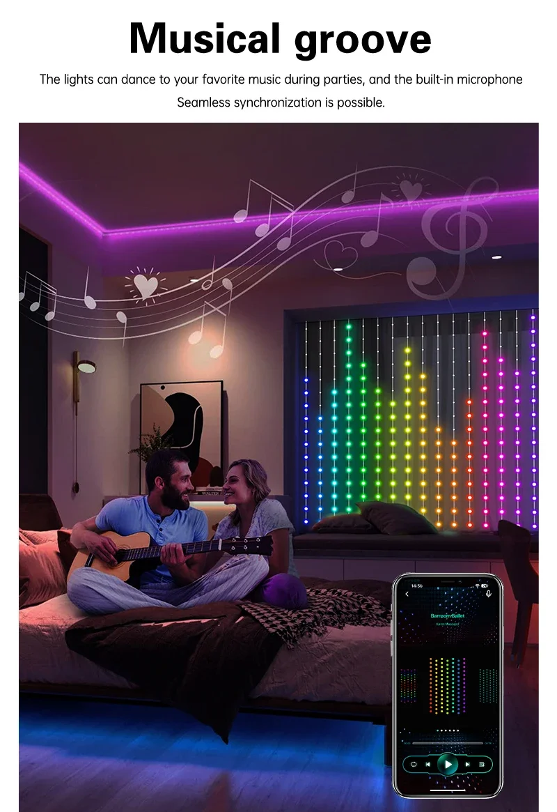 Description Picture 6 of item5V USB WS2812 IC RGB LED Window Curtain Light Smart APP Control Dream Color Fairy Light for Holiday Football Party Outdoor Decor