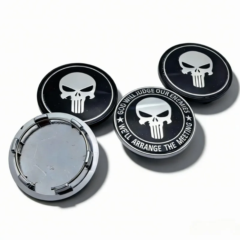 4er-Set Totenkopf-Logo-Emblem-Abdeckungen für Radnaben, 69 mm Clips, 56 mm Radnaben-Staubschutzkappen, Felgenabdeckungen, Ersatz-Autozubehör – Detail 5