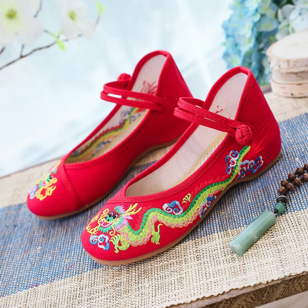 Women Cotton Ballet Flats Chinese Dragon Embroidery Breathable Driving Shoes