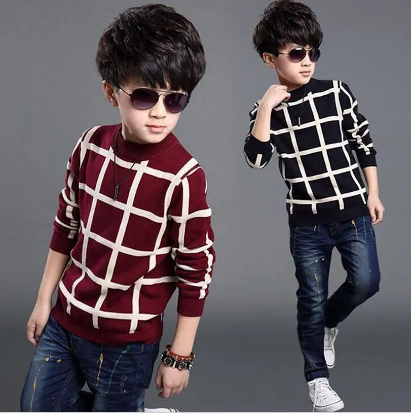 

2023 Autumn Winter England Style New Kids boy Plaid Sweater Coat Children Clothing Baby jacquard Cotton Boys Pullover 4-10Y