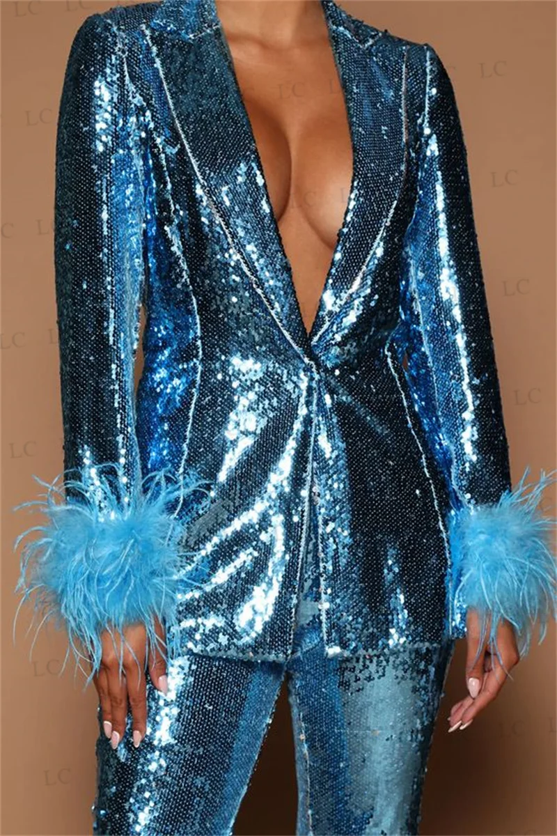 Sparkly Women Suits 2 Piece Blazer Pants One Button Feather Sleeve Sequins Party Slim Fit Sexy Beads Plus Size Tailored Mother