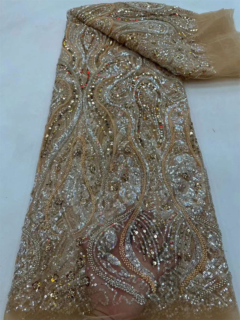 

African Gold Lace Fabric 2024 High Quality Luxury Handmade Beaded Lace Fabric Bridal French Tulle Mesh Lace For DressA178-2