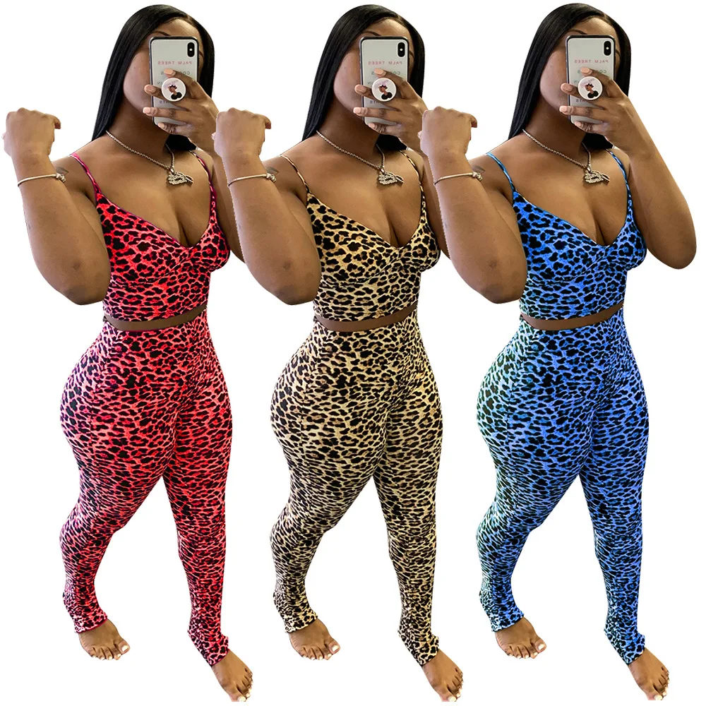 Suit Leopard print multicolor sling tight two-piece suit summer sleeveless dress sling camouflage tight fitting casual hip print sexy women s fall dresses for women