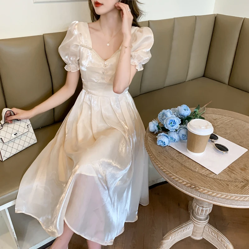 

French Sweet Chic Summer Beading V Neck Midi Dress 2024 New Fashion Women Bubble Sleeve Glaze Organza Slim Waist Office Vestidos