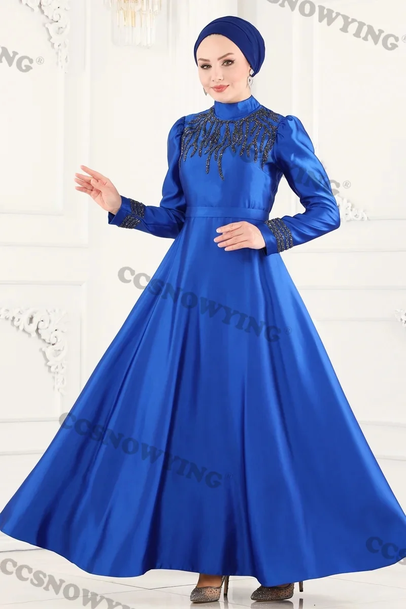 

Blue Satin Beaded Hijab Muslim Evening Dresses Long Sleeve Islamic Women Formal Party Gowns Arabic Dubai Robes De Soirée