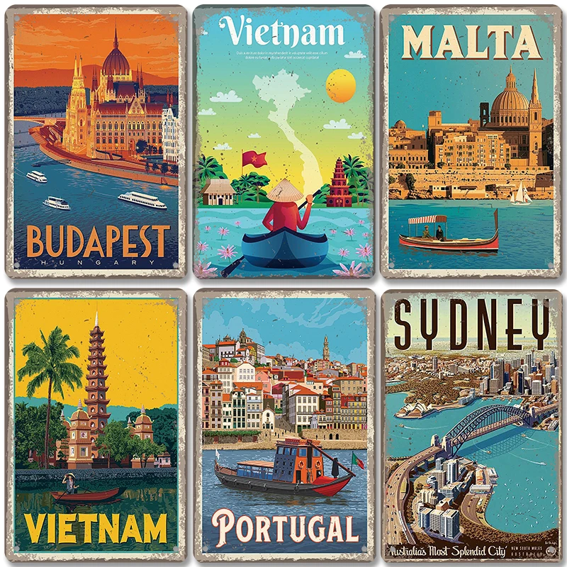 Famoso Poster paesaggistico della città segni in metallo Vintage Budapest  Malta Sydney Tin Plate Retro Wall Art Decor per soggiorno casa