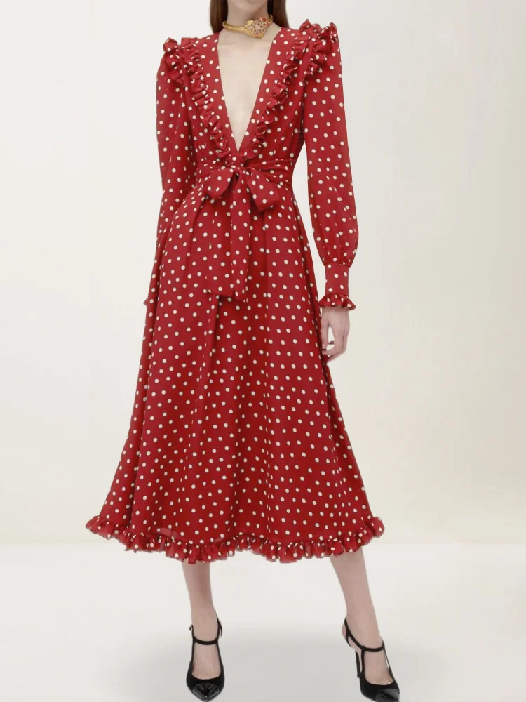 

Unique and stunning red dress, French polka dot dress, elegant V-neck long dress, waistband A-line skirt, new style