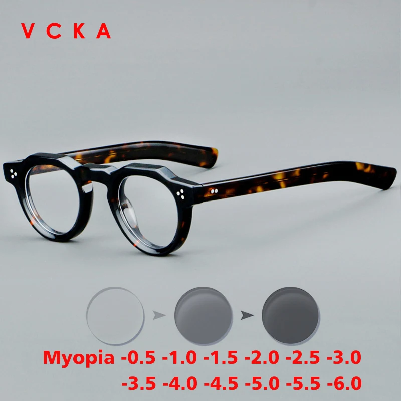 VCKA Luxury Vintage Acetate Myopia Photochromism Glasses Frame Discoloration Men Women Custom Prescription Eyewear -0.5 to -10