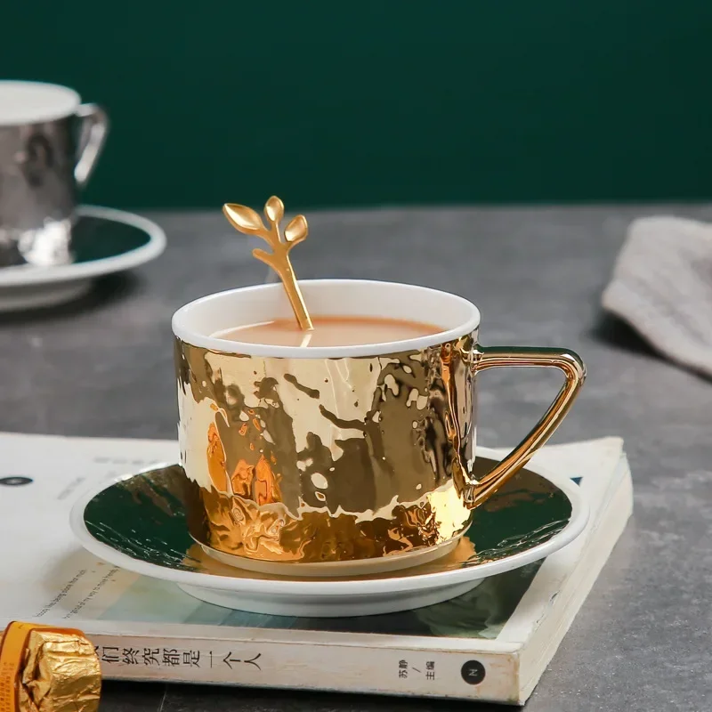 

European luxury gold and silver embossed ceramic coffee cups and saucers Office milk scented tea golden coffee cups