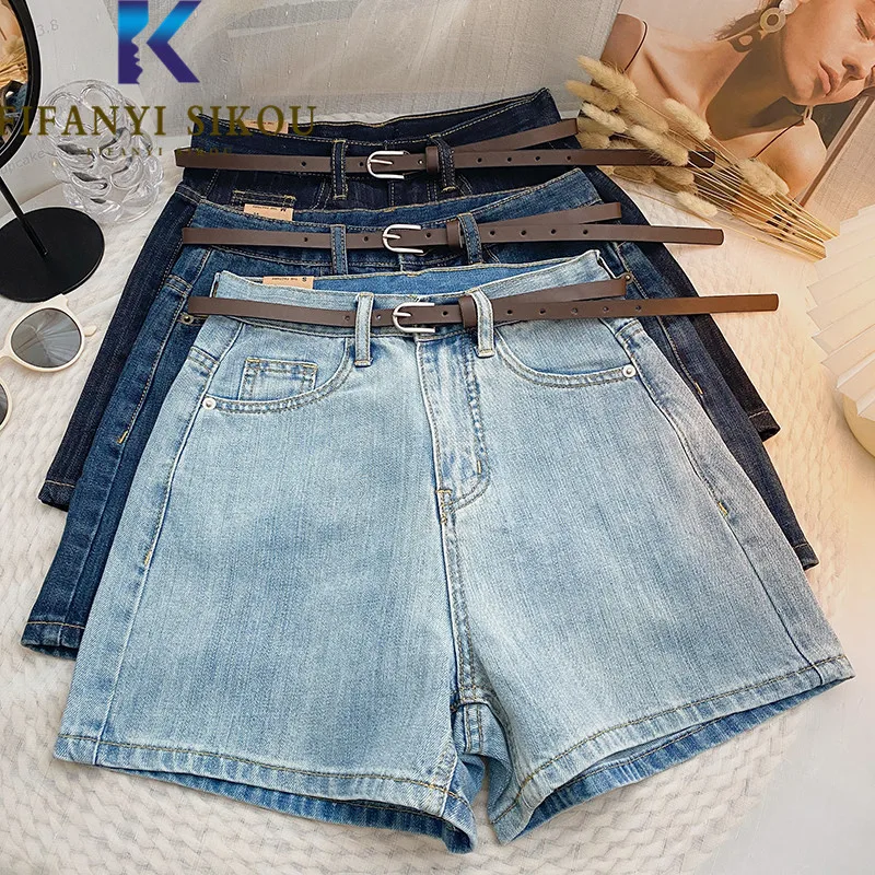 

2023 Summer Casual Denim Shorts Women Pocket Fashion High Waist Wide Leg Shorts Female Korean Loose Jeans Shorts With Belt