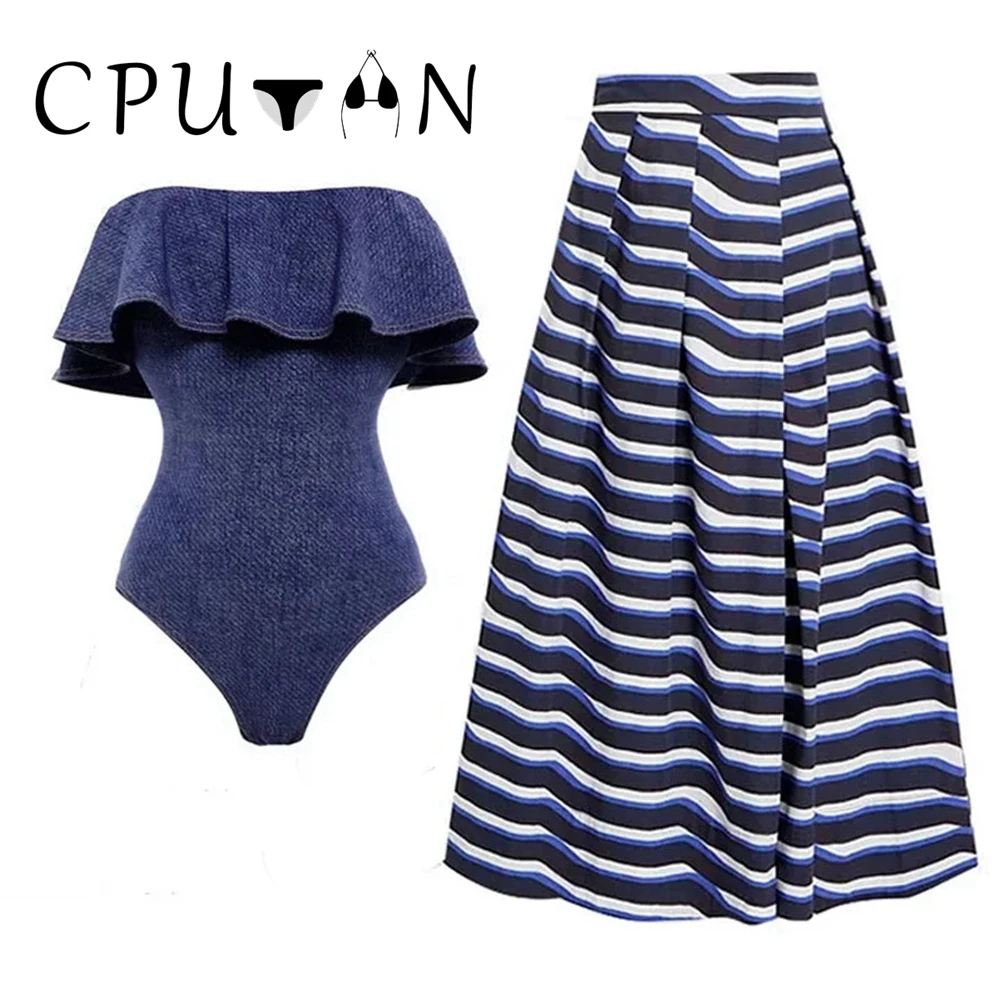 

CPUTAN Sexy 2024 Women Push Up One Piece Swimsuits Blue Swimwear Print Beachwear Bikini Bathing Suit Skirt Monokini Brazilian