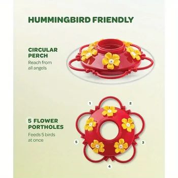 1pc suspended hummingbird feeder, bird with hook feeder, 5 nectar feeding ports (13.5oz) - Image 4